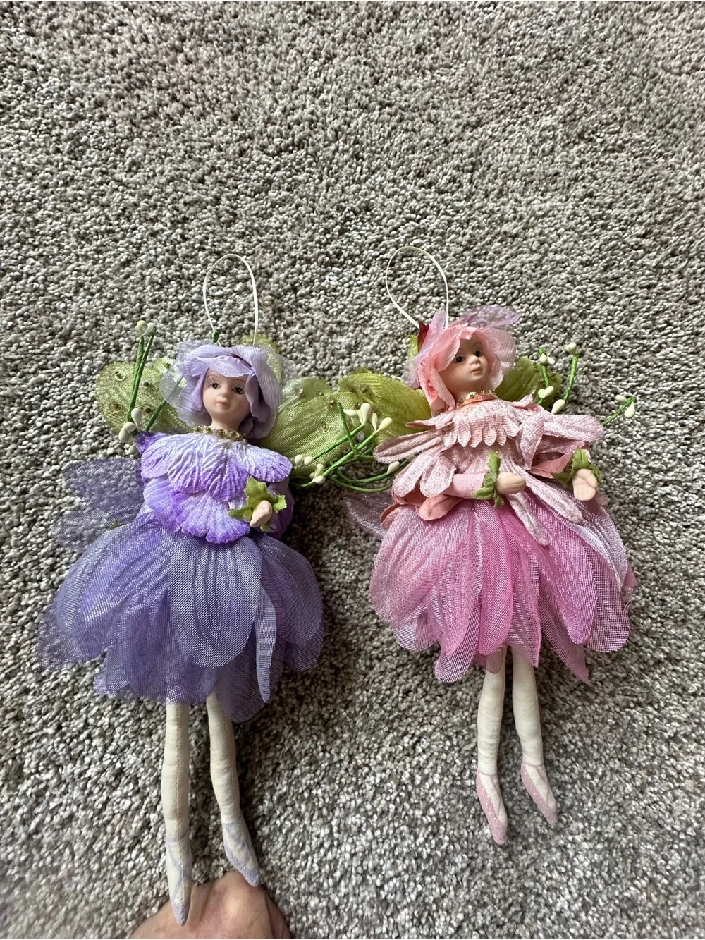 Vintage Purple and Pink Flower Fairy Ornaments - Pair
